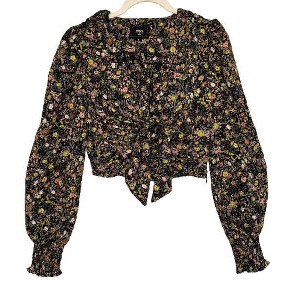 RESET by Jane Corina Top Black Floral S Cropped Tie-Front Balloon Sleeve Blouse - Picture 5 of 9